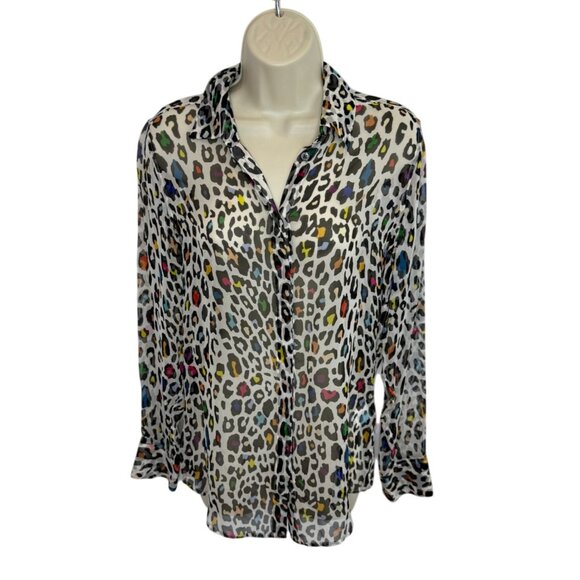 Equipment Colorful Sheer Leopard Print Button Down Blouse - Size XS - Picture 1 of 7